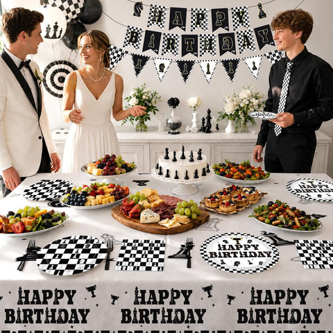 Chess Birthday Party Supplies 99 Pcs Serves 24 Black White - Grencian