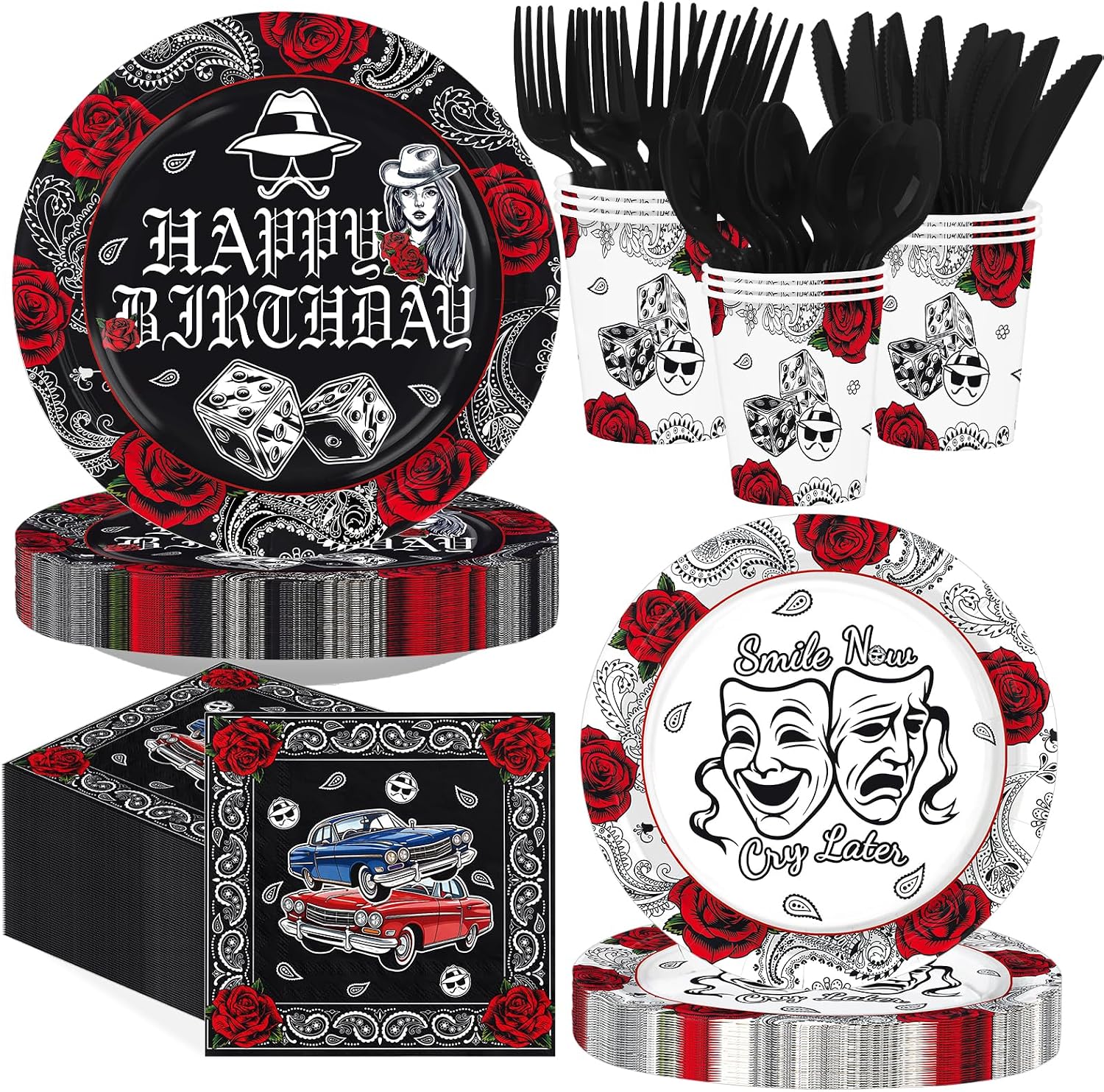Greencian 168-piece cholo 2000s birthday party supplies with black bandana tableware