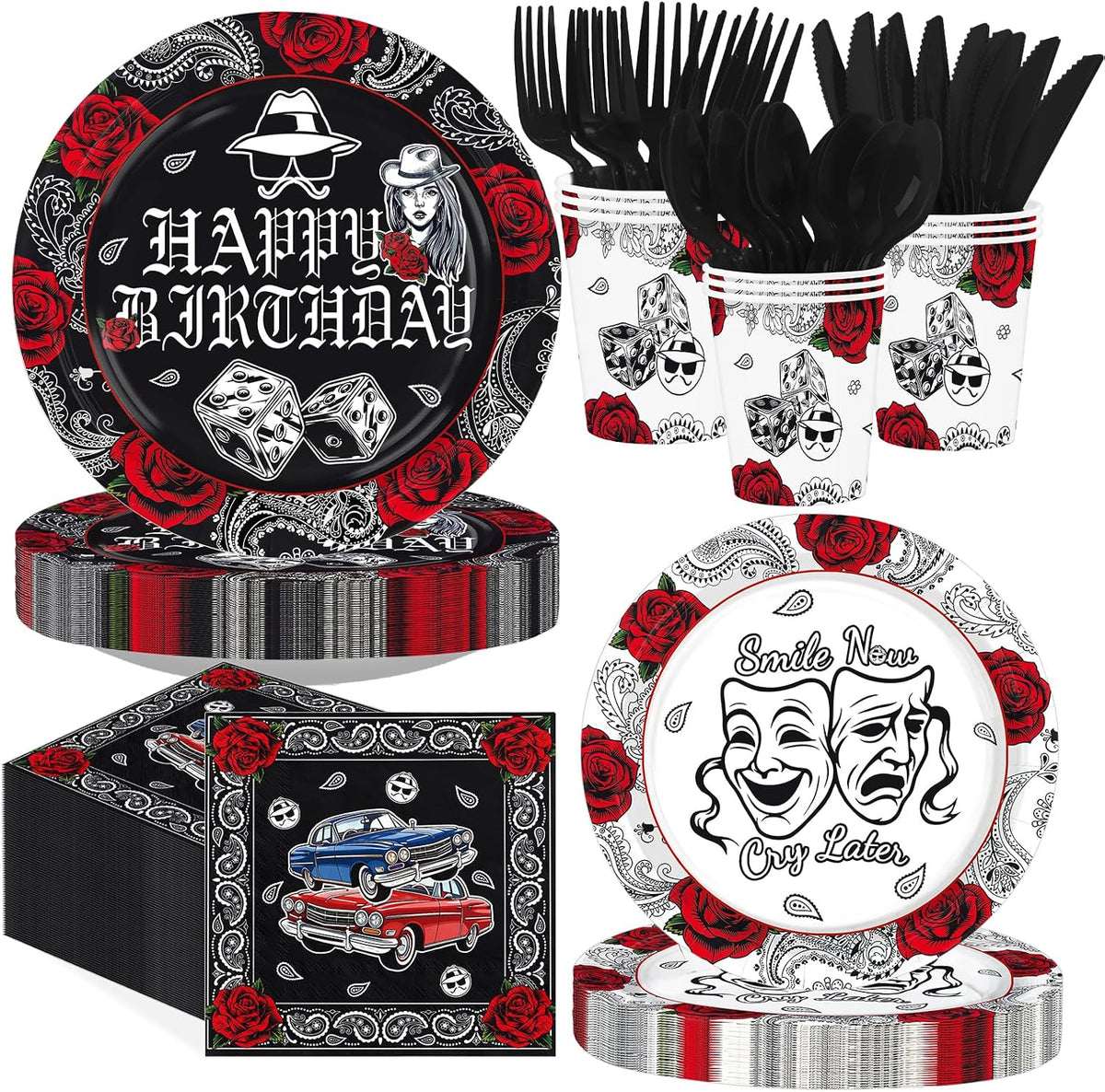 Greencian 168-piece cholo 2000s birthday party supplies with black bandana tableware