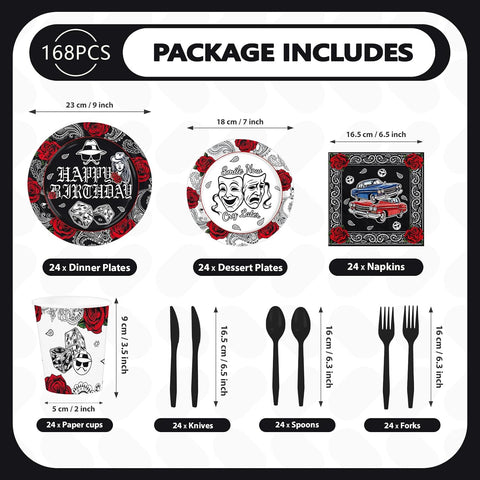 Full set of cholo bandana theme plates napkins cups cutlery flat lay