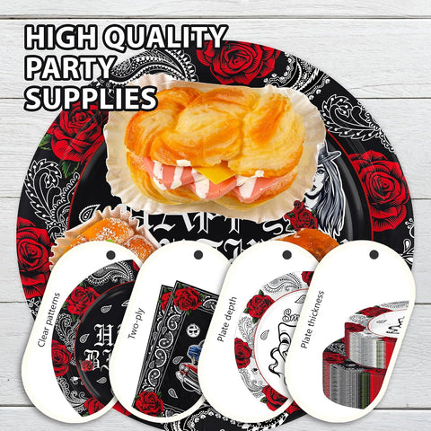 Stack of cholo 2000s themed plates and napkins