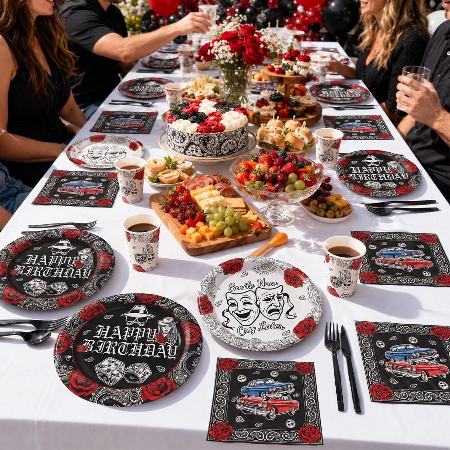 Early 2000s lowrider party scene with black bandana tableware