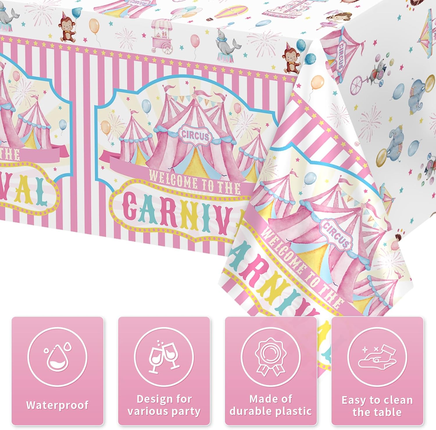 Close-up of pink circus plastic tablecloth with carnival styling