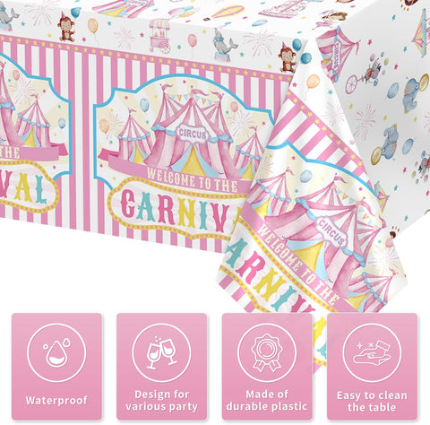 Close-up of pink circus plastic tablecloth with carnival styling