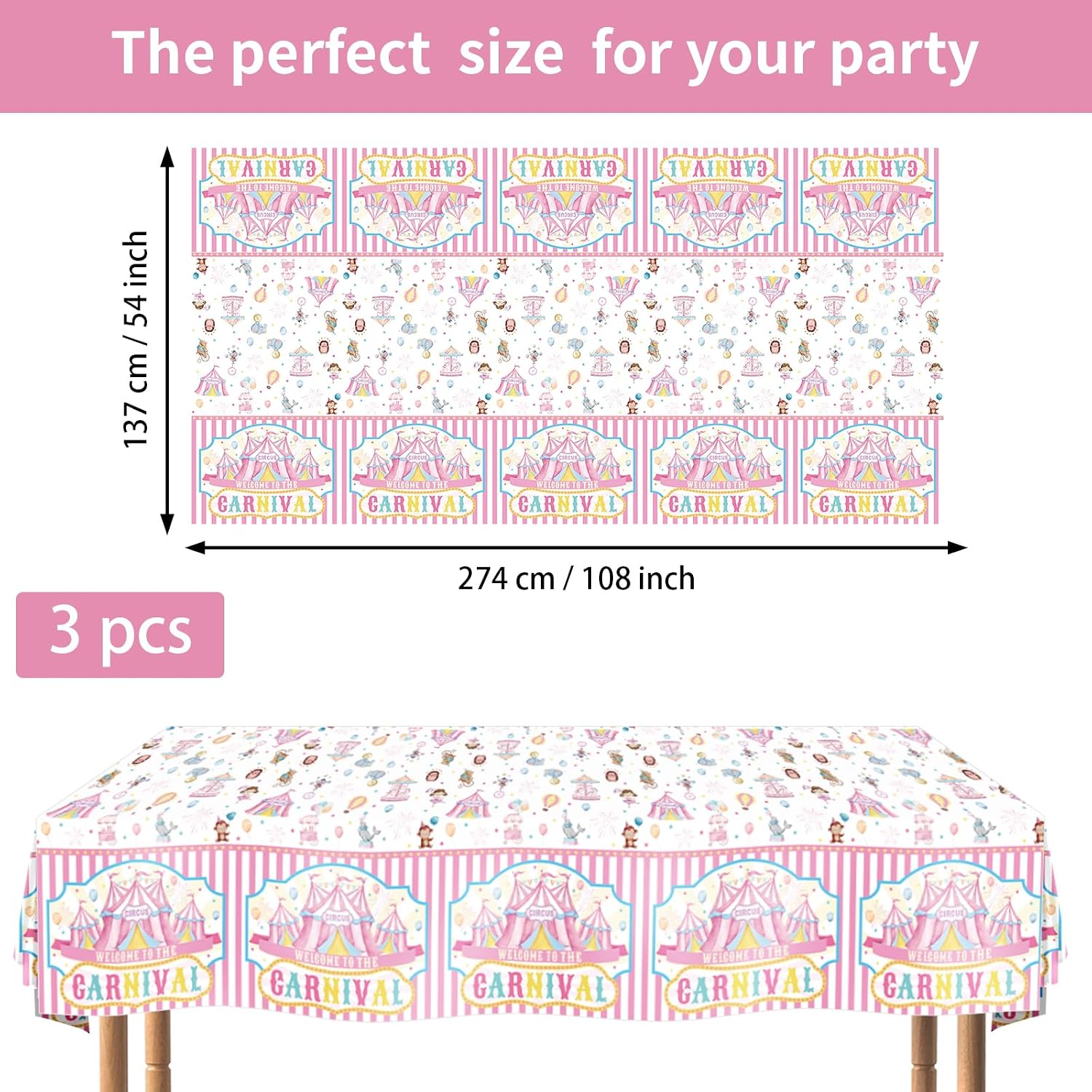 Flat lay of three circus tablecloths with carnival tent pattern