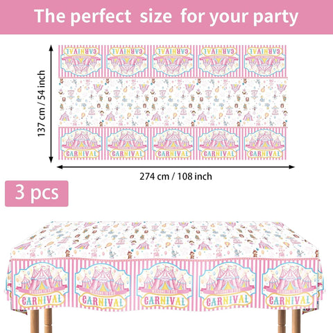Flat lay of three circus tablecloths with carnival tent pattern