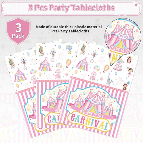 Circus tablecloth draped on party table with carnival themed decorations