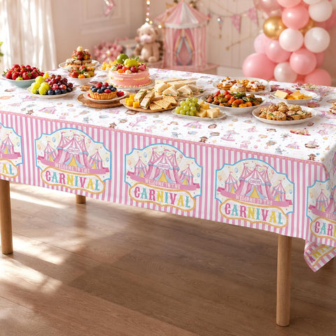 Package contents infographic showing 3 Grencian circus tablecloths