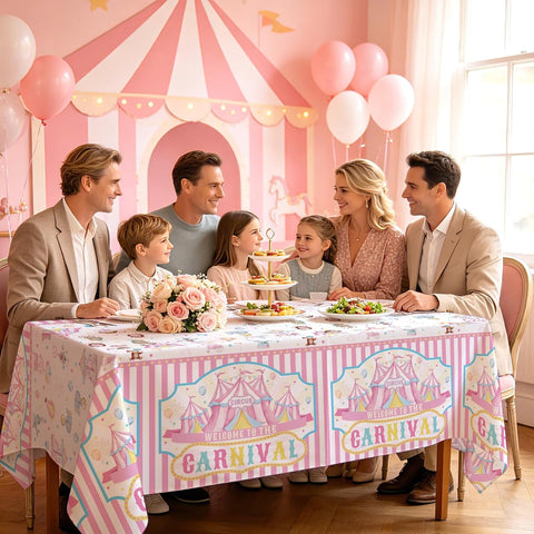 Girls circus birthday party scene with carnival themed tablecloth