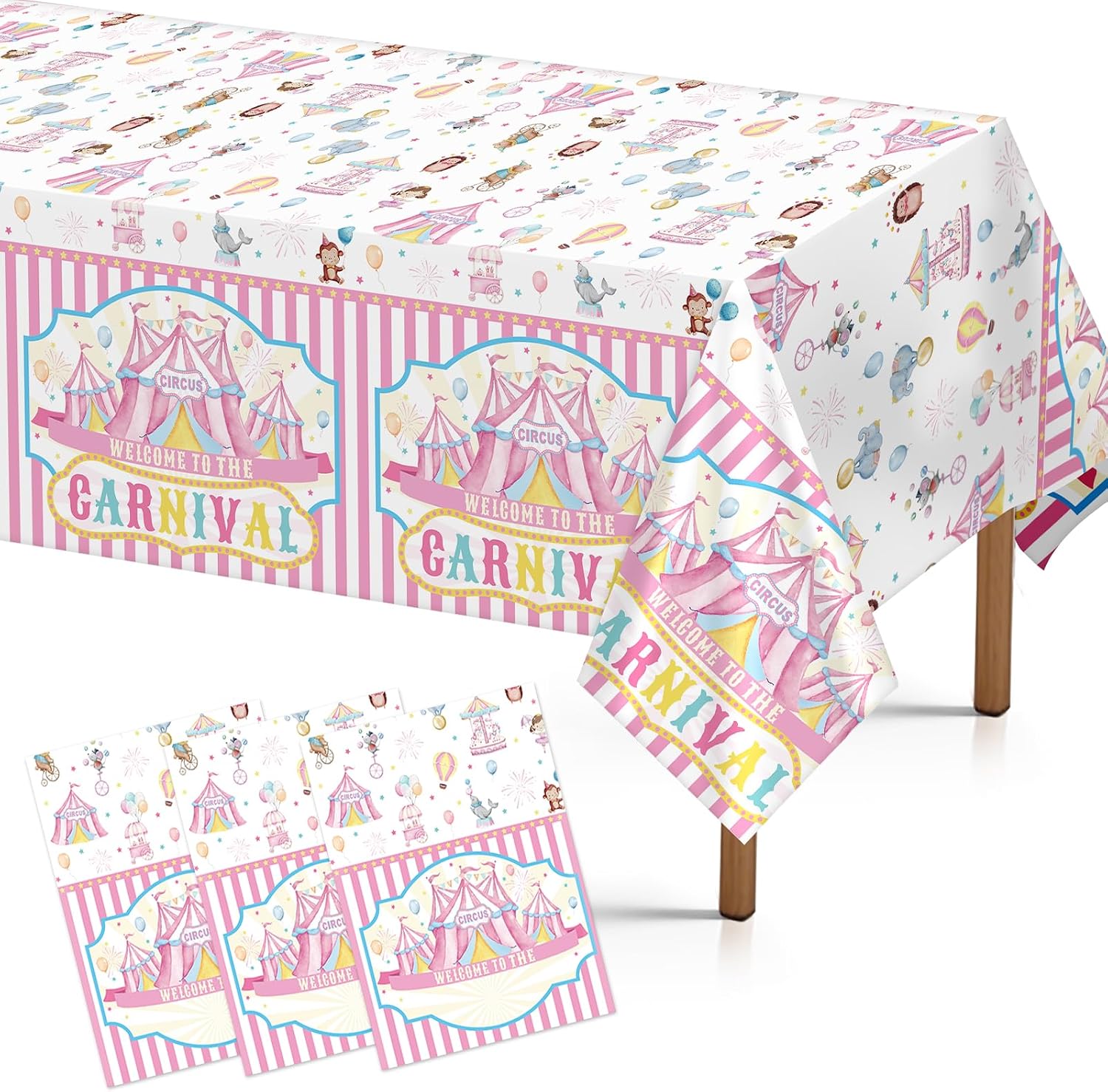 Grencian 3-piece pink circus carnival tablecloth set with pink white design