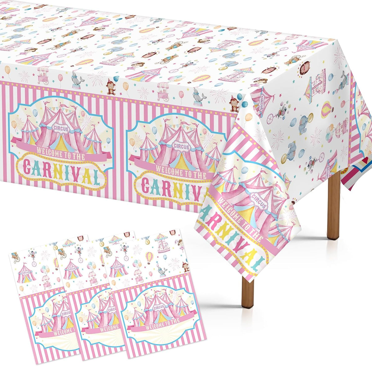 Grencian 3-piece pink circus carnival tablecloth set with pink white design
