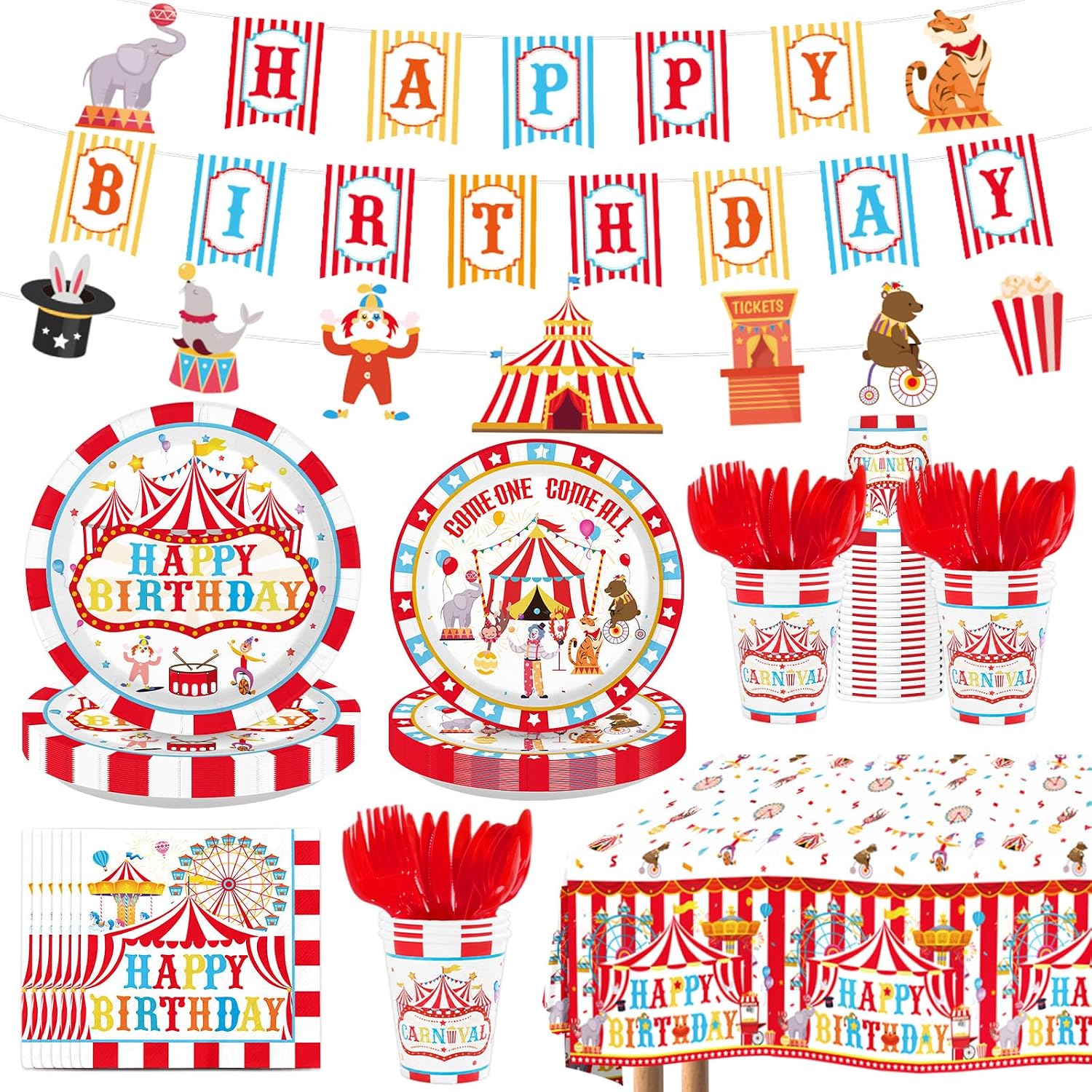 171Pcs Circus Carnival Birthday Party Supplies Serves 24 - Grencian