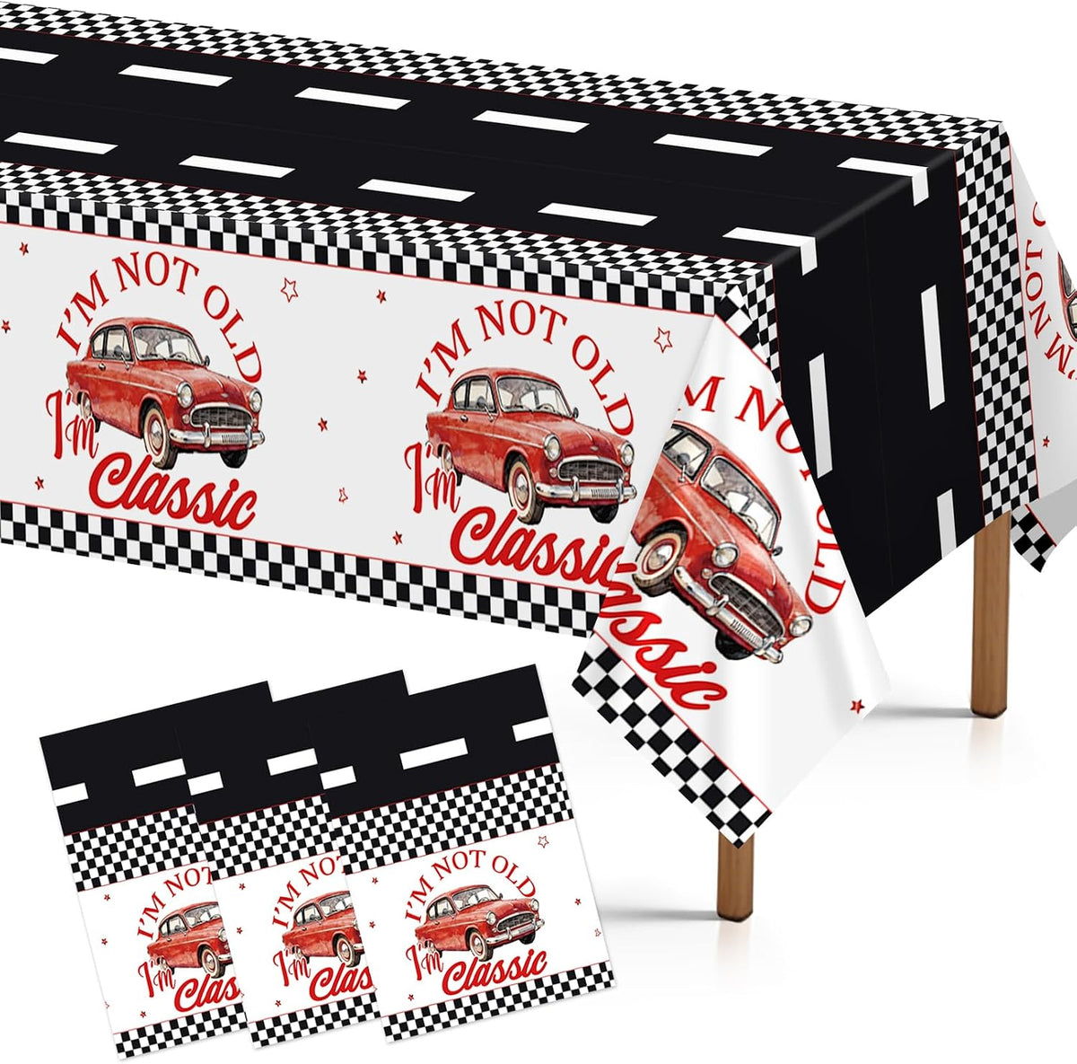 Grencian 3-piece classic car birthday tablecloth set with vintage red cars and retro styling