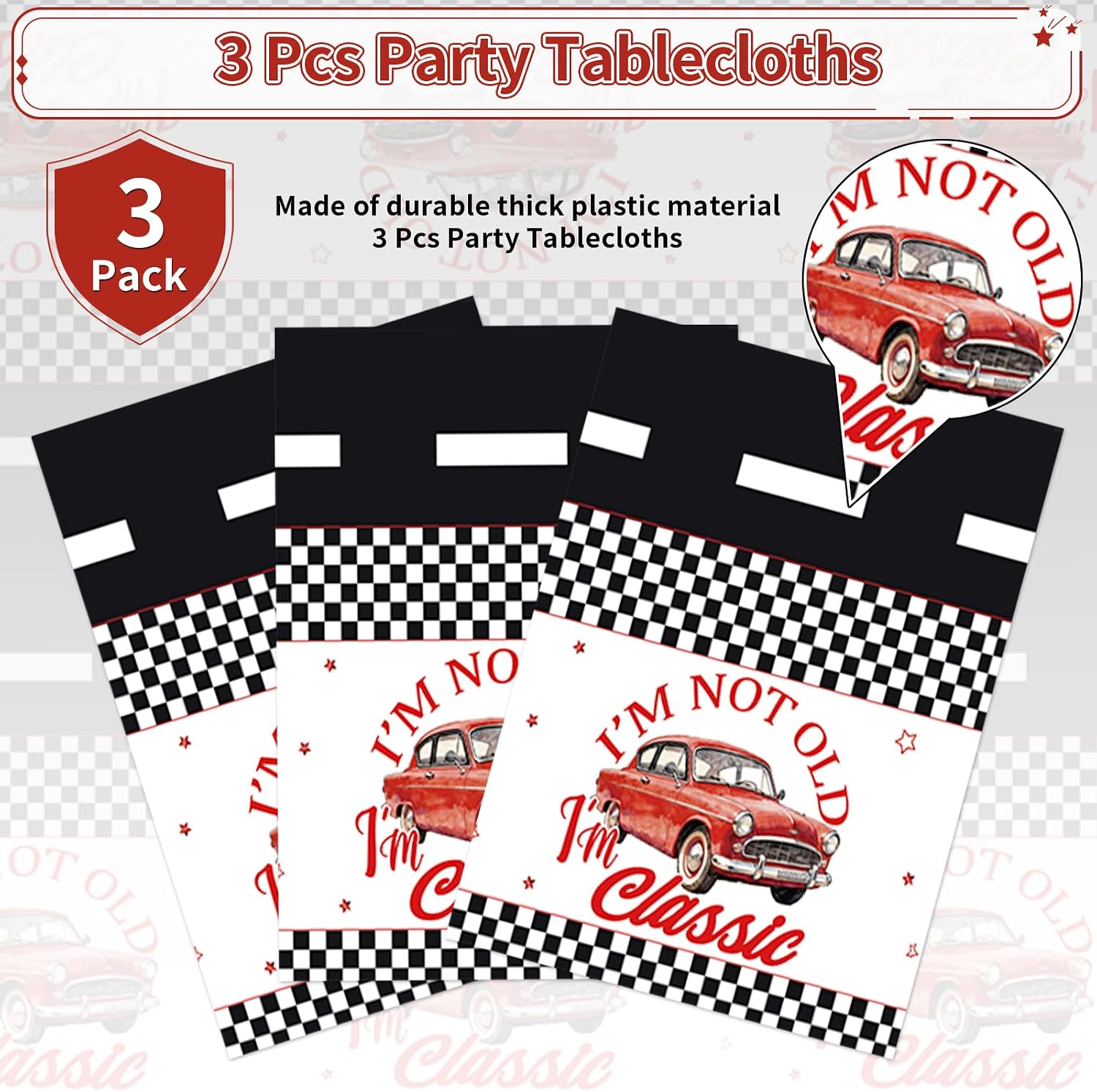 Classic car birthday tablecloth draped on party table with retro car themed decorations