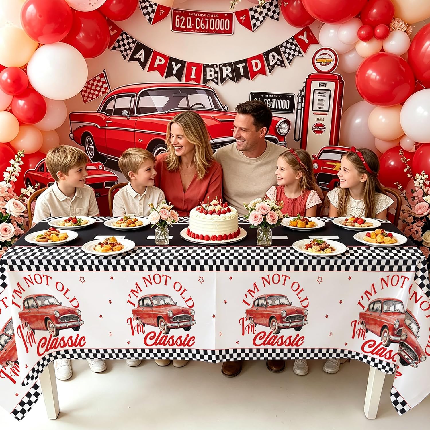 Package contents infographic showing 3 Grencian classic car birthday tablecloths