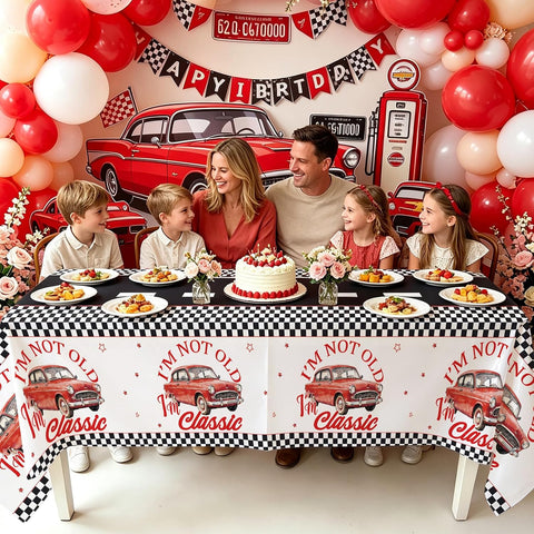 Package contents infographic showing 3 Grencian classic car birthday tablecloths