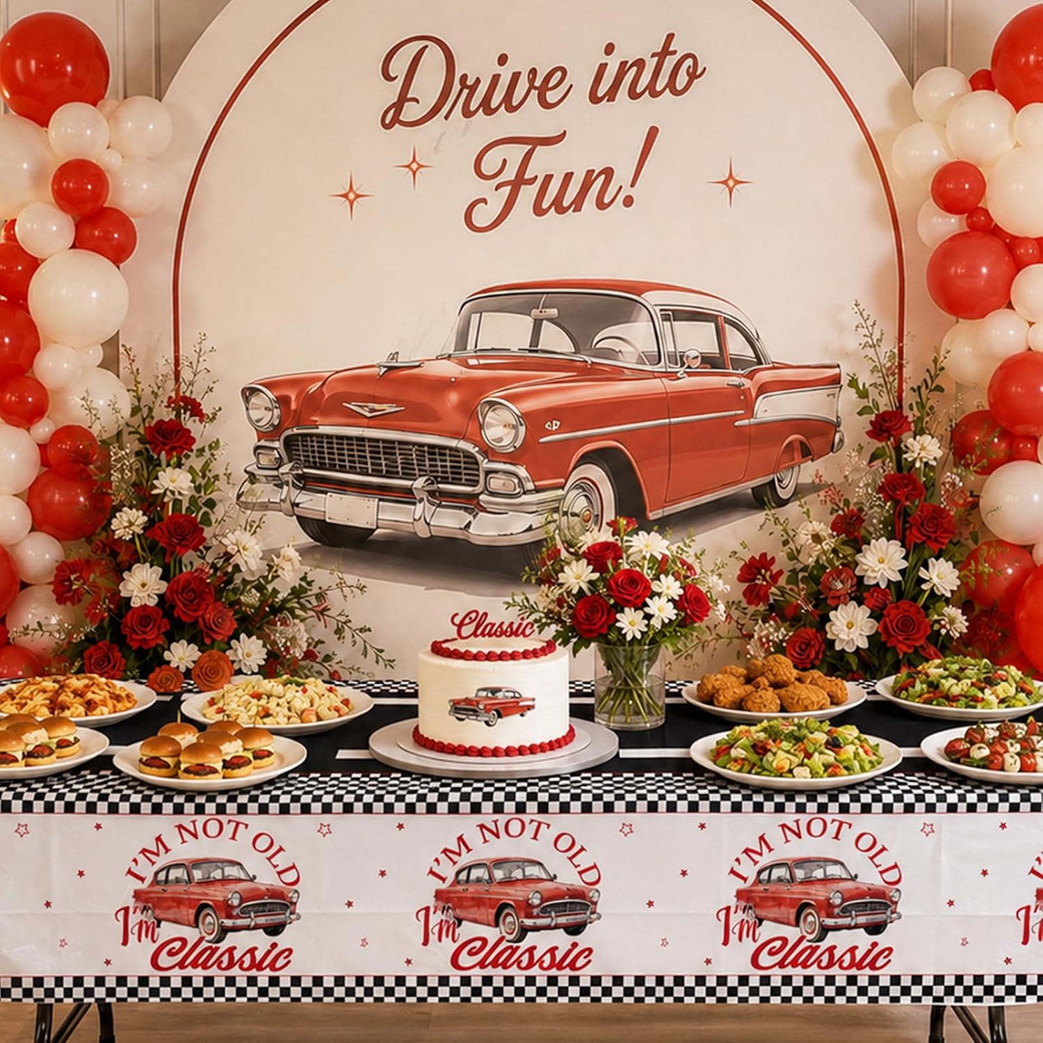 Men's 50th 60th birthday party scene with vintage classic car tablecloth