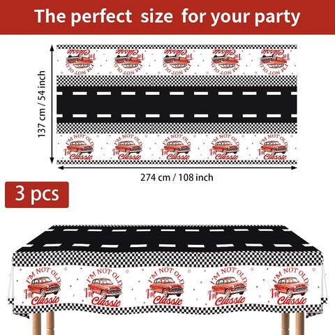 Vintage red car birthday plastic tablecloth with retro car design and mid-century color palette