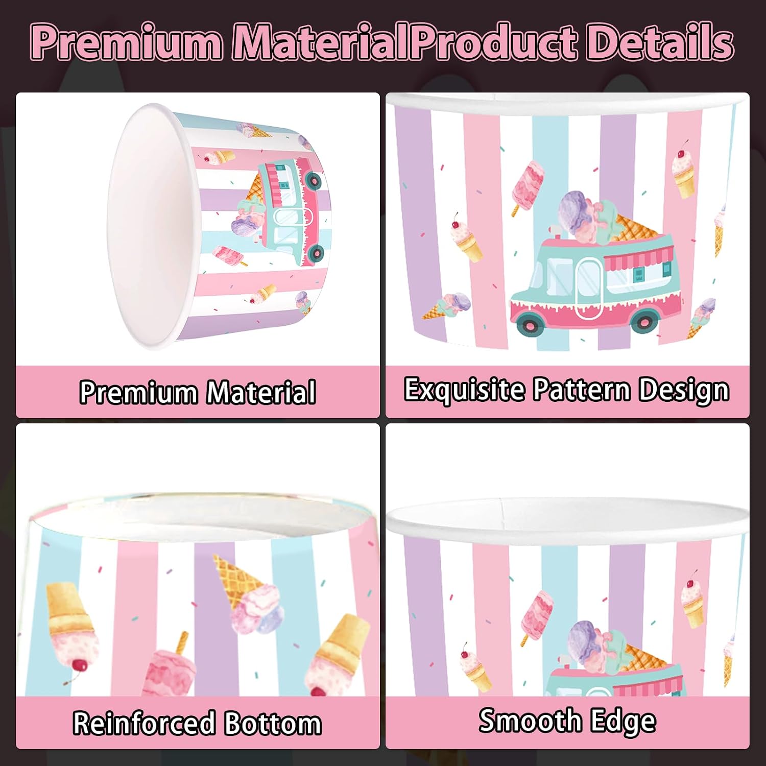 Stack of colorful 12oz disposable ice cream cups