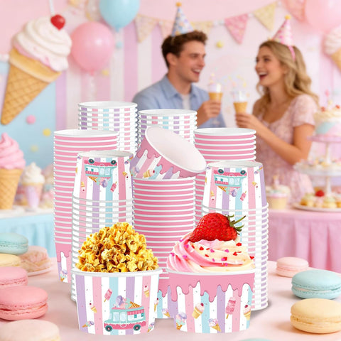 Summer birthday party scene with colorful snack cups