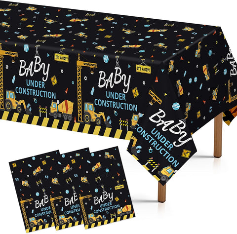 Grencian 3-piece construction baby shower tablecloth set with dump truck and caution tape design