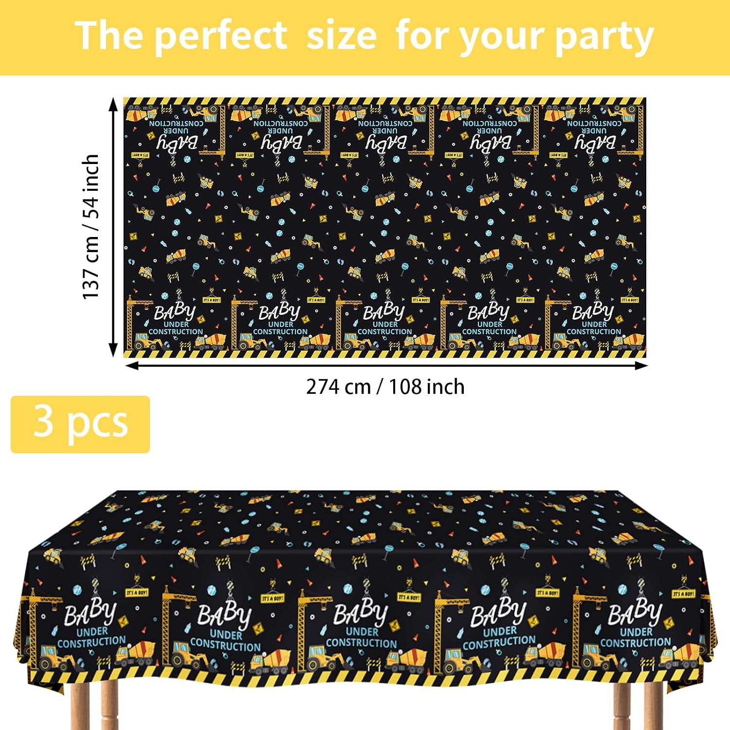 Dump truck construction baby shower plastic tablecloth with yellow and black caution tape border
