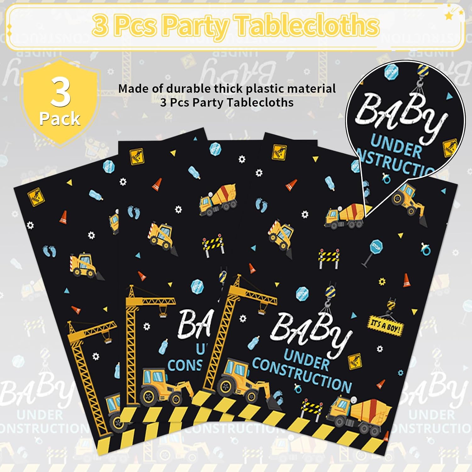 Construction baby shower tablecloth draped on party table with truck themed decorations