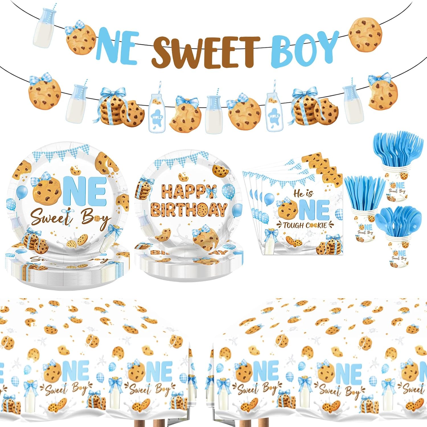 171Pcs Milk and Cookies 1st Birthday Supplies Serves 24 - Grencian