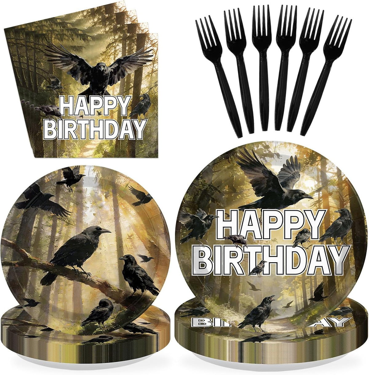 Black crow 96 piece birthday tableware set with plates napkins and forks