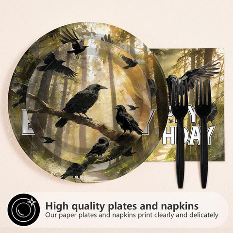 Raven dinner plates with forest artwork and Happy Birthday lettering