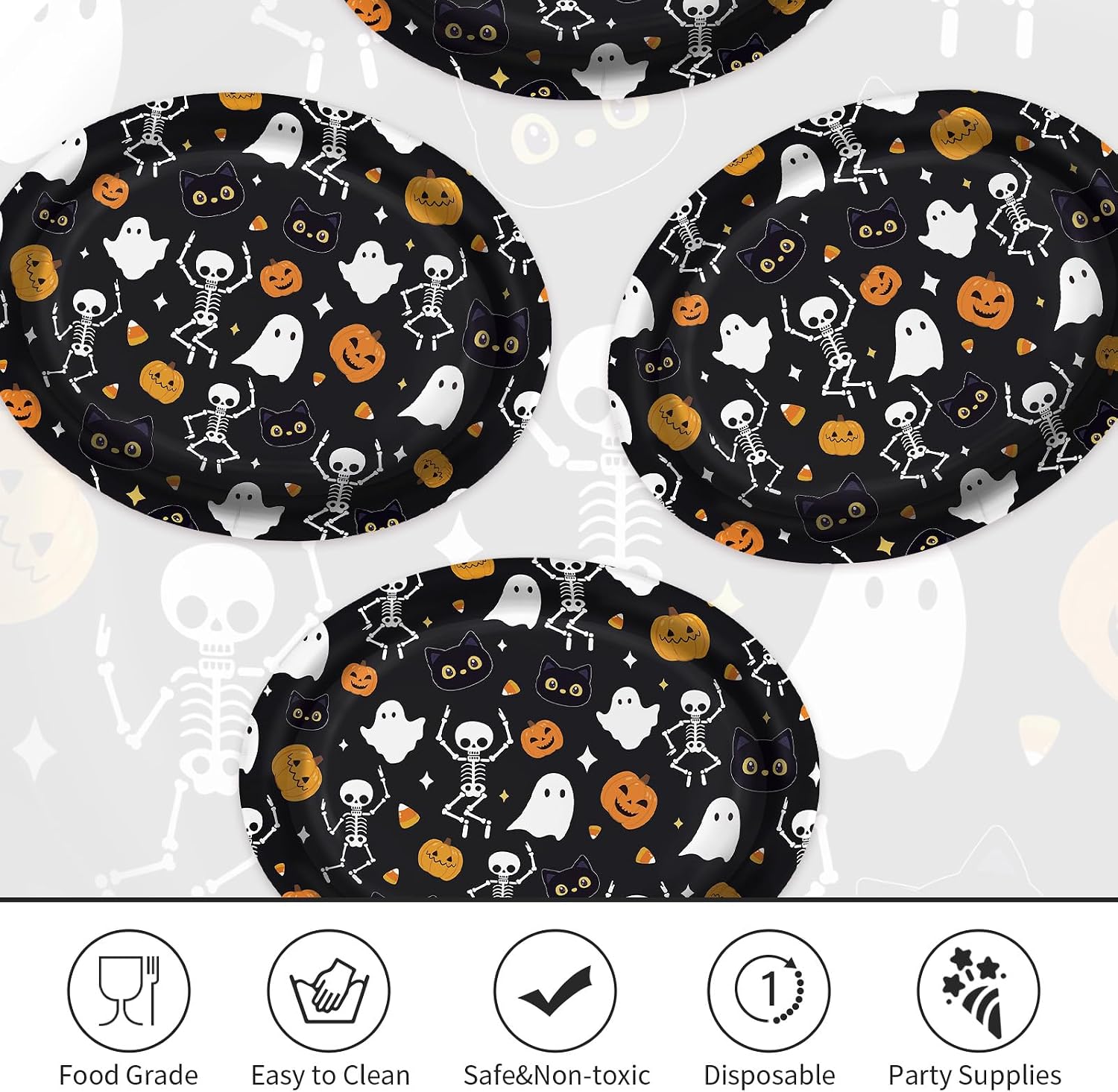 All over ghost pumpkin and skeleton pattern on the oval plates