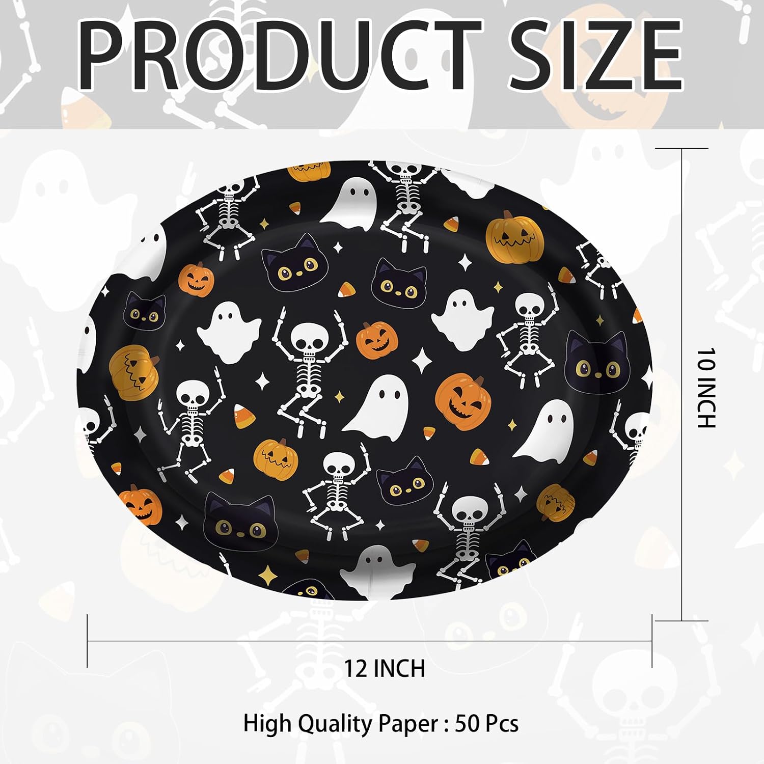 Product size of the 12 x 10 inch Halloween oval plates