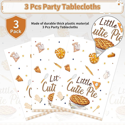 Close-up of sweet as pie baby shower plastic tablecloth with pie slices and baking elements