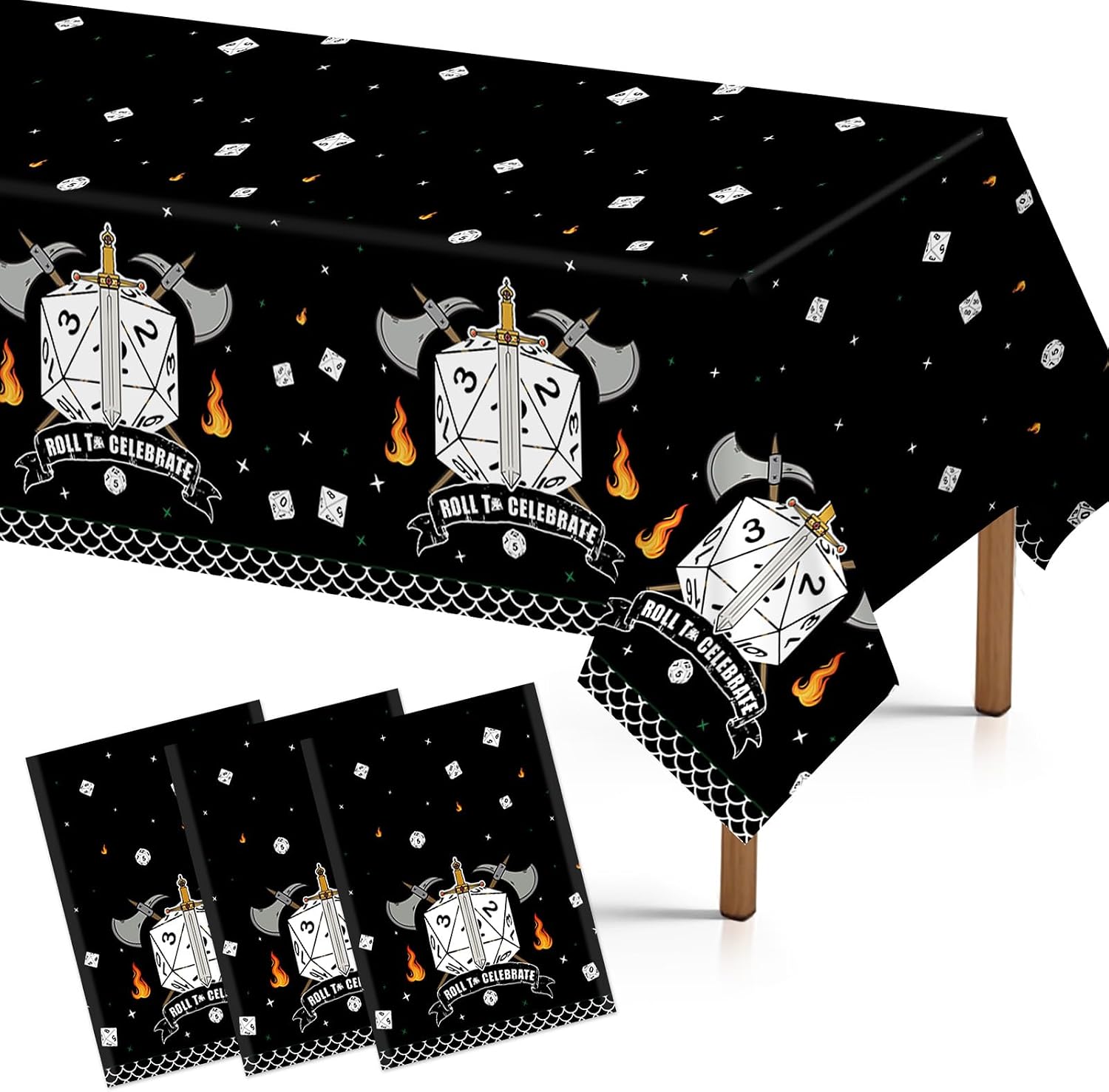 Grencian 3-piece D20 dice dungeons themed tablecloth set with fantasy role playing design