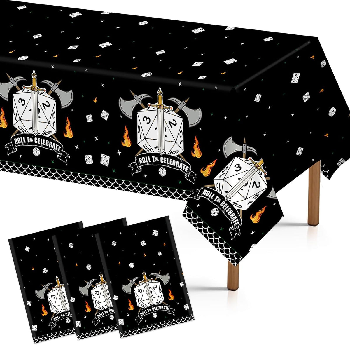Grencian 3-piece D20 dice dungeons themed tablecloth set with fantasy role playing design