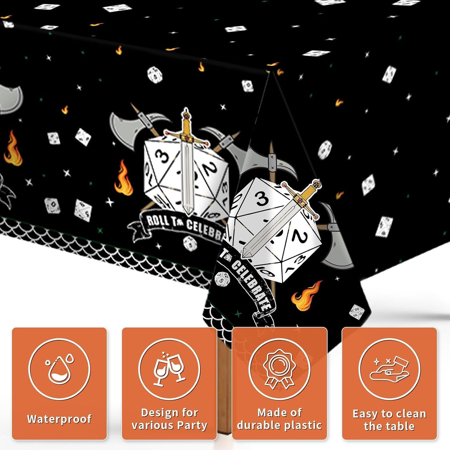 Close-up of dungeons themed tablecloth with large D20 dice graphics on dark background