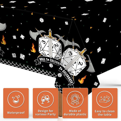 Close-up of dungeons themed tablecloth with large D20 dice graphics on dark background