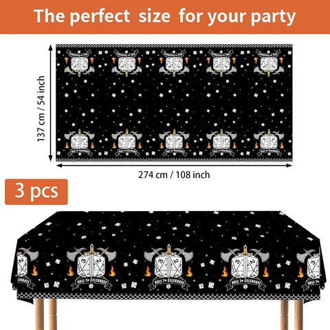 D20 dice tabletop RPG plastic tablecloth with crossed swords and Roll to Celebrate banner