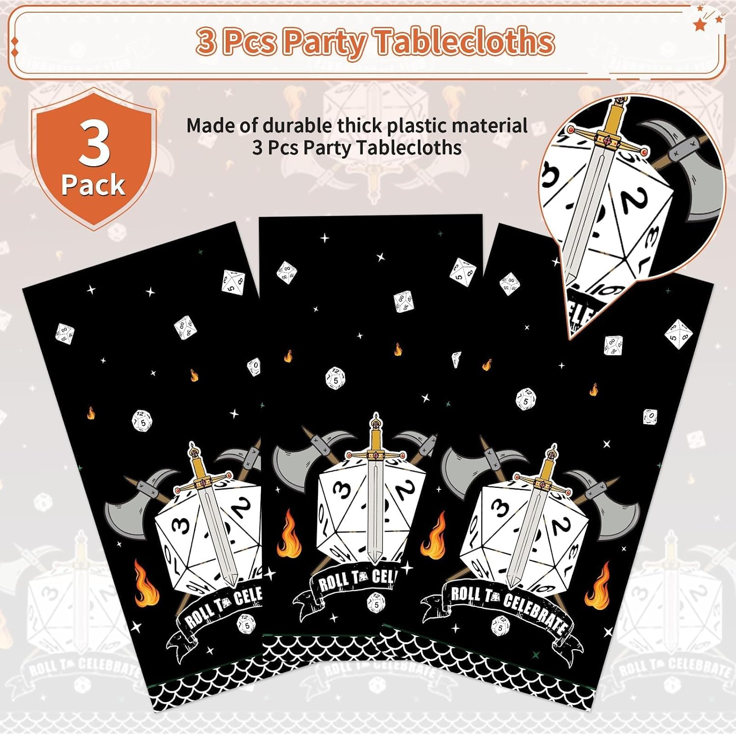 Game night tablecloth draped on party table with dice and fantasy themed decorations