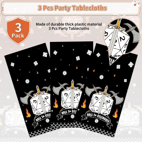 Game night tablecloth draped on party table with dice and fantasy themed decorations