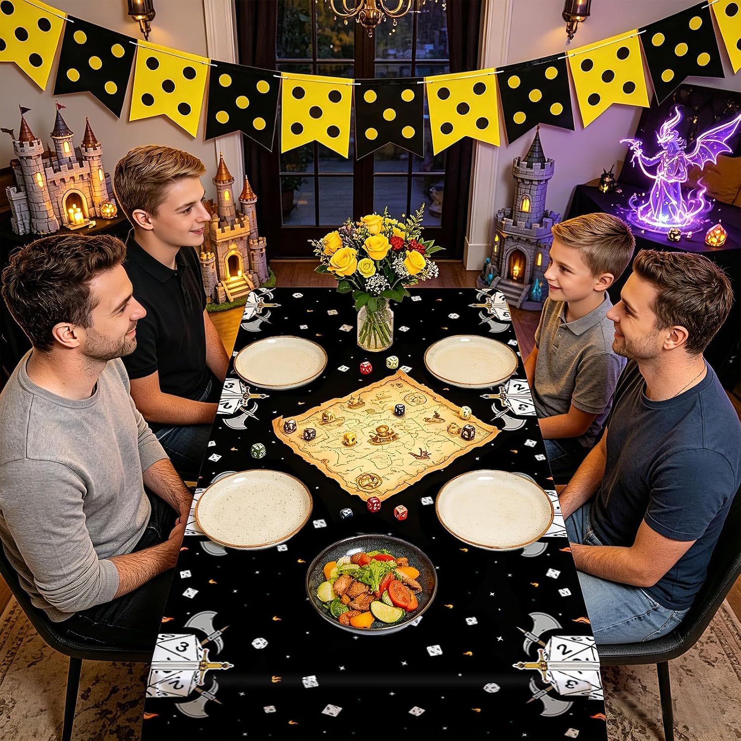 Role playing game birthday party scene with D20 dice themed tablecloth
