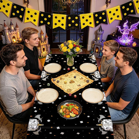 Role playing game birthday party scene with D20 dice themed tablecloth
