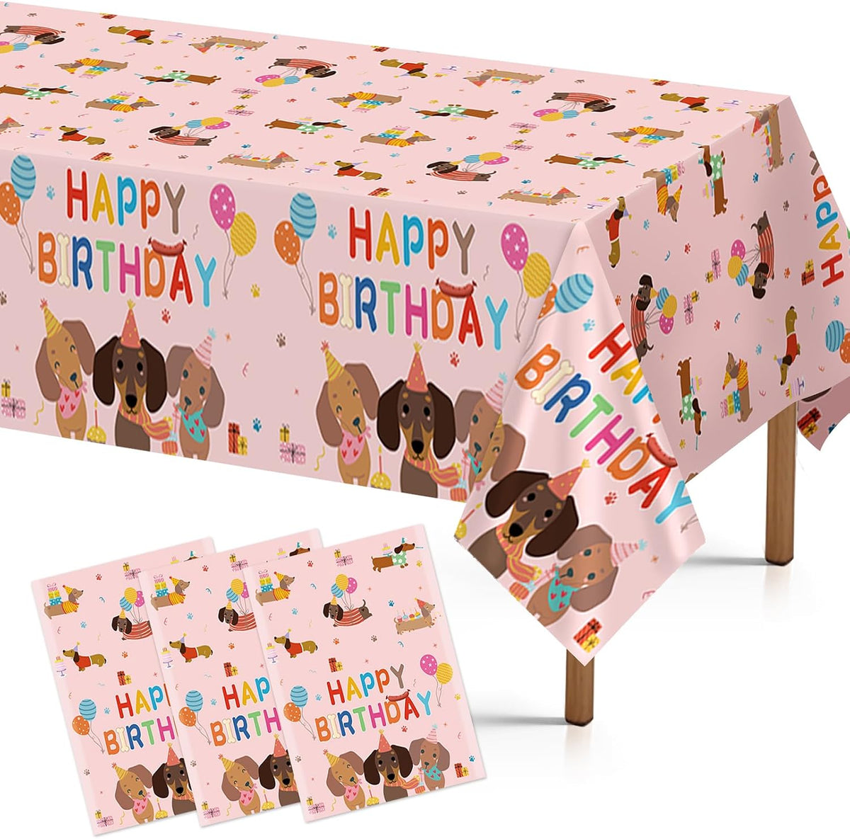 Grencian 3-piece dachshund dog birthday tablecloth set with cute pink wiener dog design
