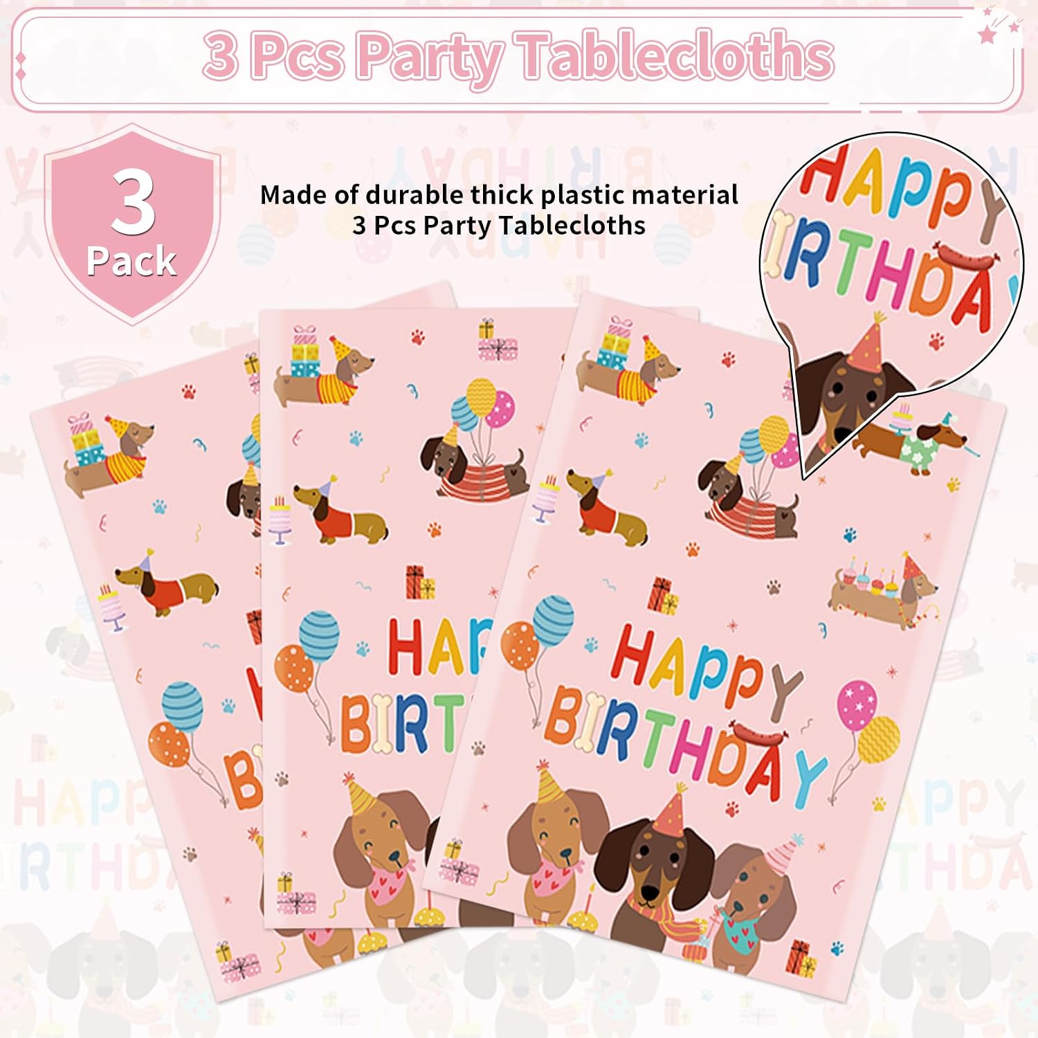 Dachshund birthday tablecloth draped on party table with puppy themed decorations
