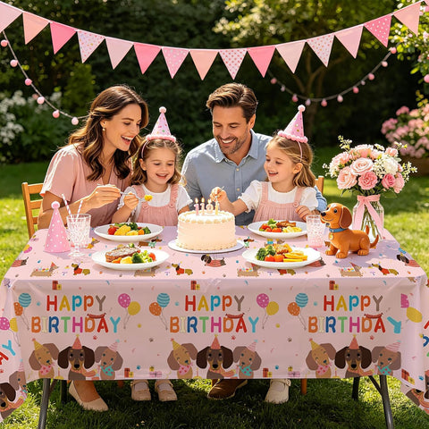 Package contents infographic showing 3 Grencian dachshund birthday tablecloths