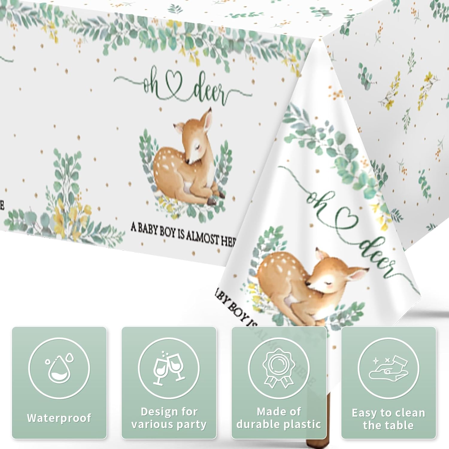 3Pcs Oh Deer Baby Shower Tablecloth Woodland - Grencian
