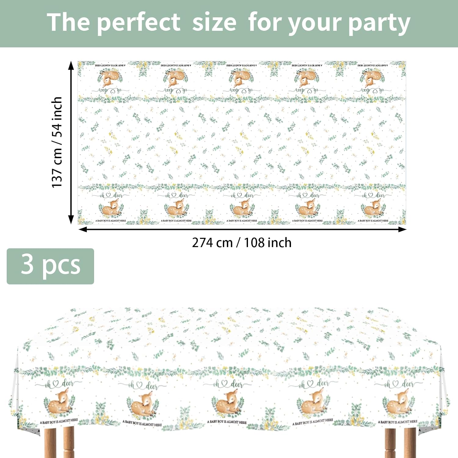 3Pcs Oh Deer Baby Shower Tablecloth Woodland - Grencian