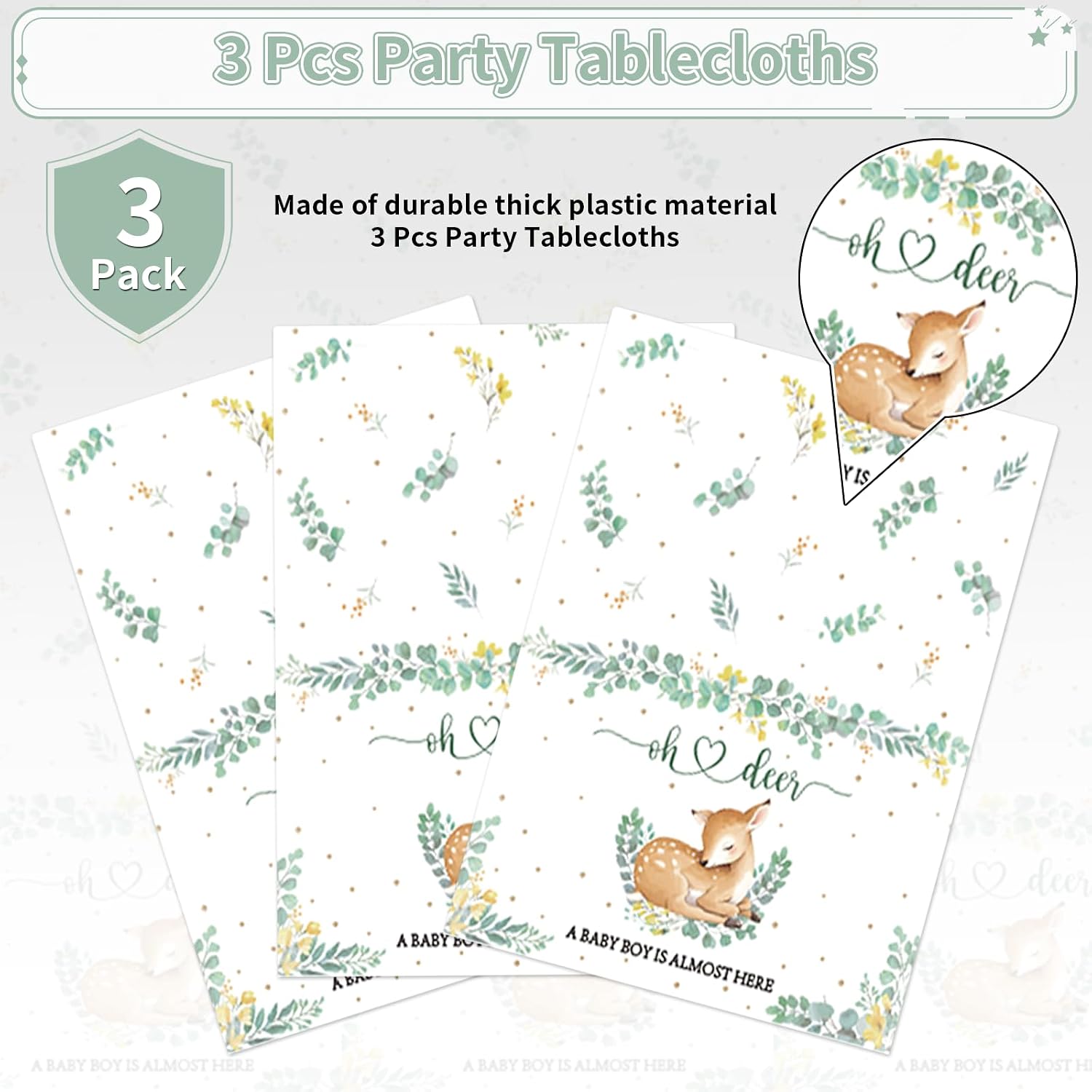 3Pcs Oh Deer Baby Shower Tablecloth Woodland - Grencian