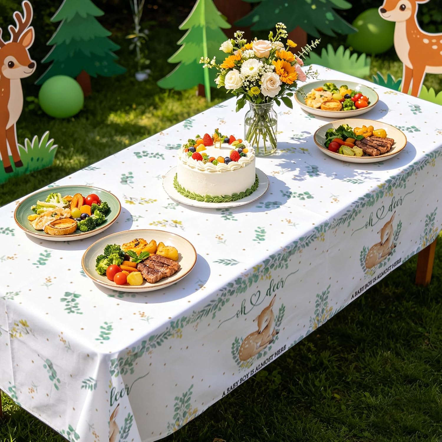 3Pcs Oh Deer Baby Shower Tablecloth Woodland - Grencian