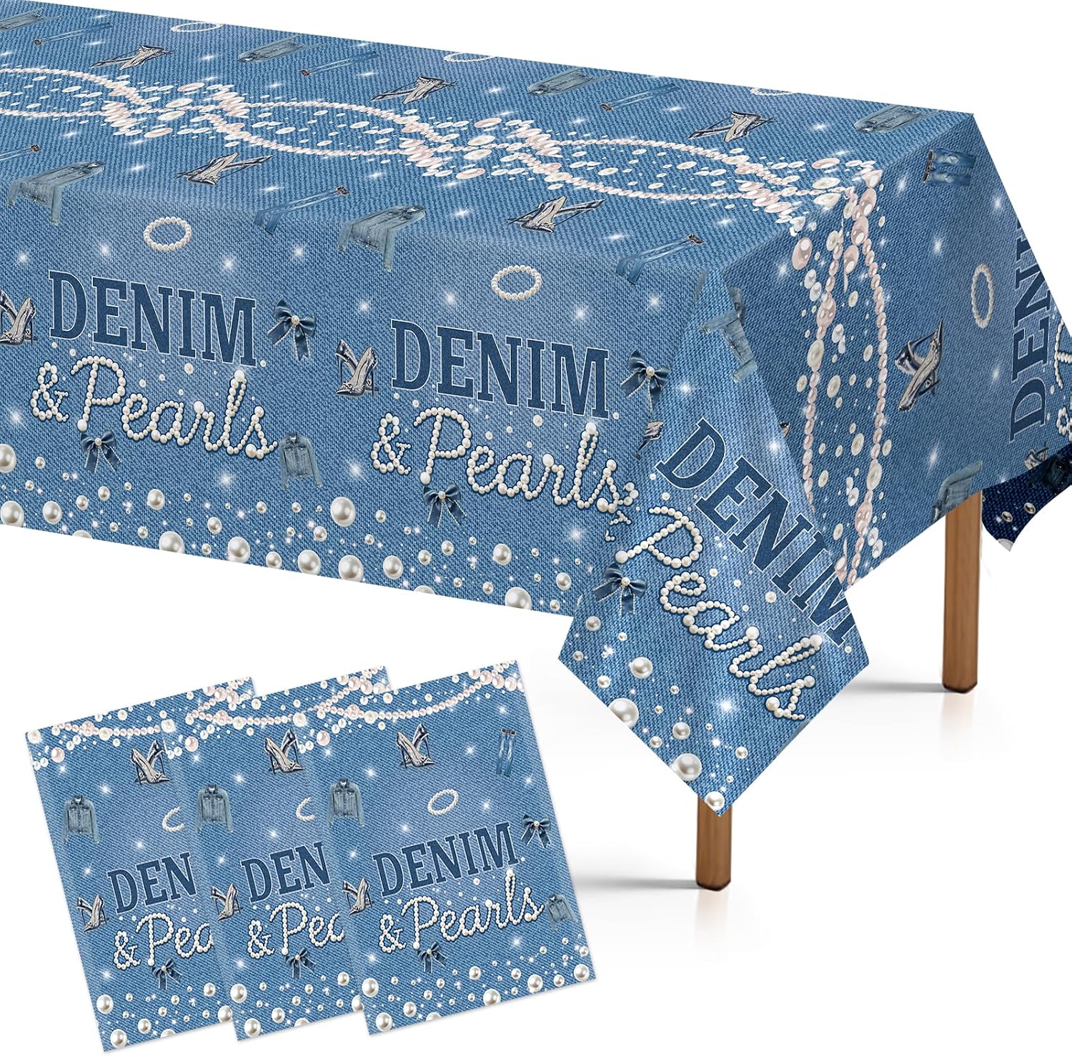 Grencian 3-piece denim and pearls tablecloth set with blue jeans and neon line art design